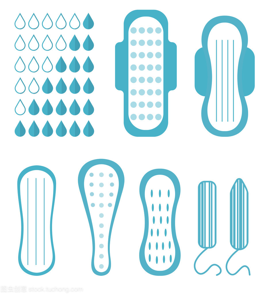 月经不调,女性卫生用品一套。垫,pantyliners,卫生棉条。女性卫生用品。妇女的卫生。平面样式。矢量图